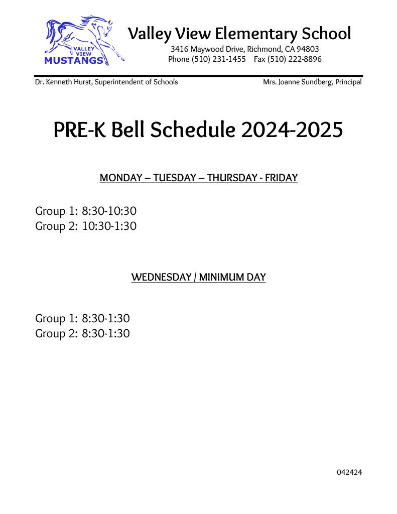 2024-2025 Bell Schedule Pre-K